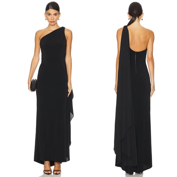 NEW Alice + Olivia Anja One Shoulder Draped Maxi Dress Black Formal Gown 4 Small